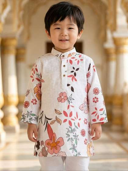KASMEN CO. Boys Ethnic
                      Motifs Embroidered Regular Chikankari Pure Cotton
                      Kurta with Pyjamas