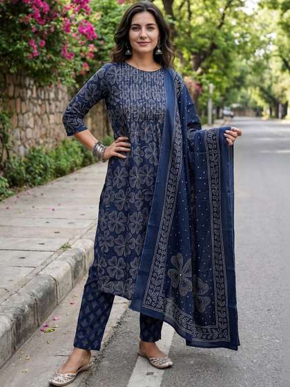 Indo Era Women
                        Ethnic Motifs Printed Regular Beads and Stones
                        Pure Cotton Kurta with Trousers & With
                        Dupatta