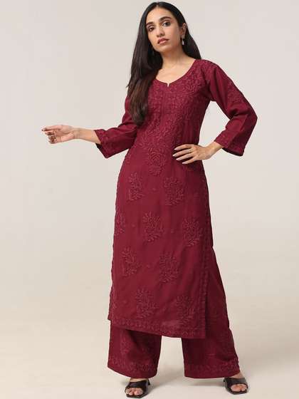 colorkosh Women
                        Floral Embroidered Regular Chikankari Kurta with
                        Palazzos
