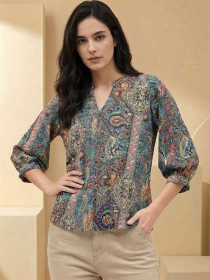 Varanga Print Puff
                        Sleeve Satin Blend Top
