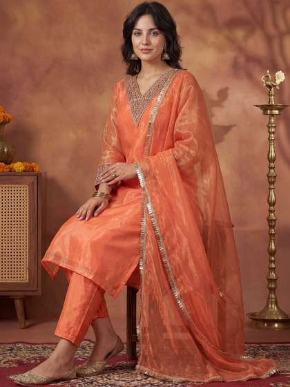 Indo Era Women
                        Ethnic Motifs Embroidered Regular Sequinned
                        Kurta with Trousers & With Dupatta