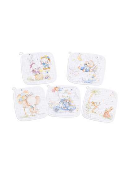 Teri Beri Baby Pack Of 5
                    Digital Printed Muslin Cotton Washcloth Face Towel