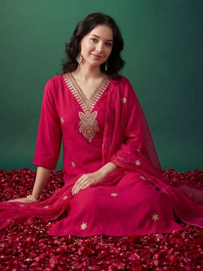 Indo Era Women
                        Ethnic Motifs Embroidered Regular Thread Work
                        Kurta with Trousers & With Dupatta