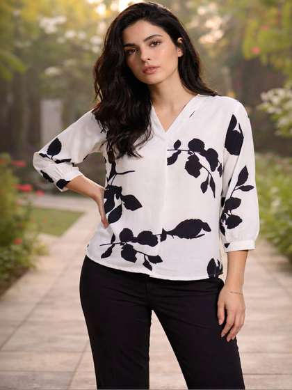 Varanga Floral Print
                        Mandarin Collar Puff Sleeve Top