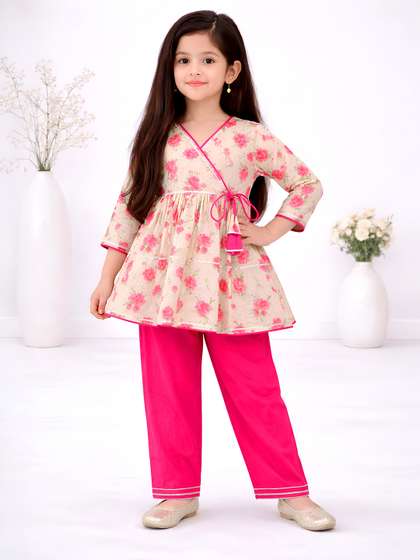 LITTLE GINNIE Girls
                    Floral Printed Cotton Kurti with Trousers
