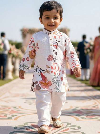 VOZIA Boys Ethnic Motifs
                    Embroidered Regular Chikankari Pure Cotton Kurta
                    with Pyjamas