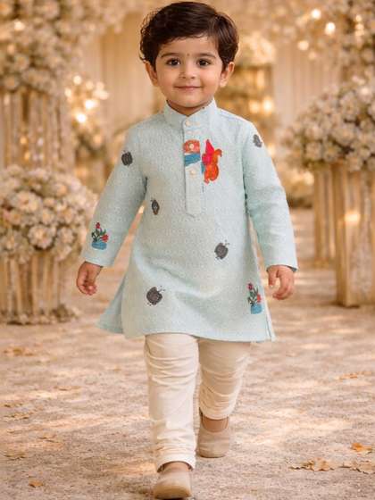 VOZIA Boys Ethnic Motifs
                    Embroidered Regular Chikankari Pure Cotton Kurta
                    with Pyjamas