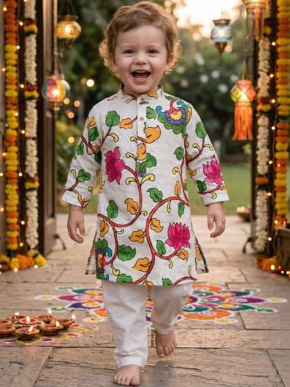 DUFFLE DOG Boys Ethnic
                    Motifs Embroidered Regular Chikankari Pure Cotton
                    Kurta with Pyjamas