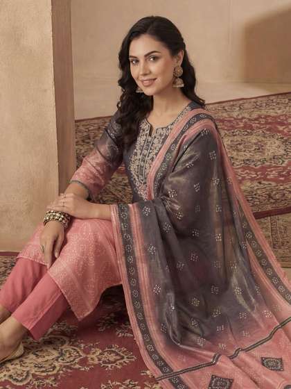 Indo Era Women
                        Bandhani Embroidered Regular Sequinned Kurta
                        with Trousers & With Dupatta