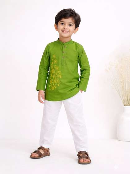 LITTLE GINNIE Boys
                    Ethnic Motif Embroidered Pure Cotton Kurta with
                    Pyjamas