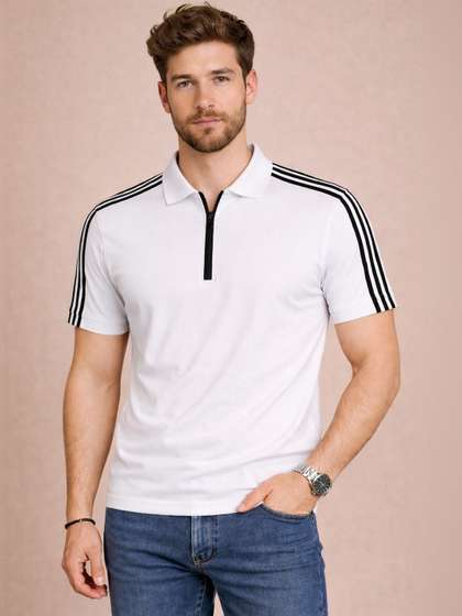 Organic Chics Men Striped Dri-FIT Polo Collar Slim Fit T-shirt