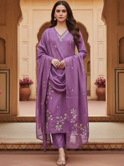 House of Pataudi
                        Embroidered V-Neck Kurta Trousers & Dupatta