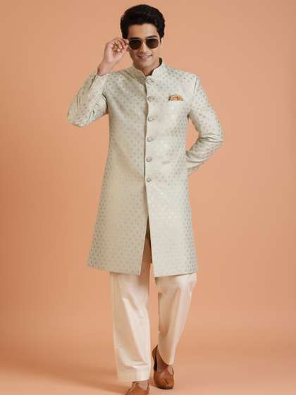 KISAH Men Cream
                        Jacquard Indowestern Sherwani Trouser Set
