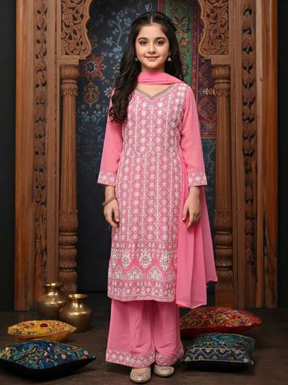 Aarika Girls Ethnic
                    Motifs Embroidered Regular Thread Work Kurta with
                    Palazzos & With Dupatta