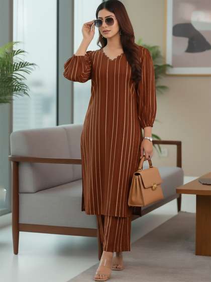 Varanga Women
                        Striped Regular Silk Crepe Kurta with Trousers