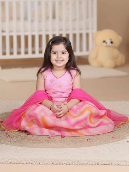 Sangria Girls Pink Kota
                    Lehenga With Pink Embroidered Sleeveless Top And
                    Dupatta