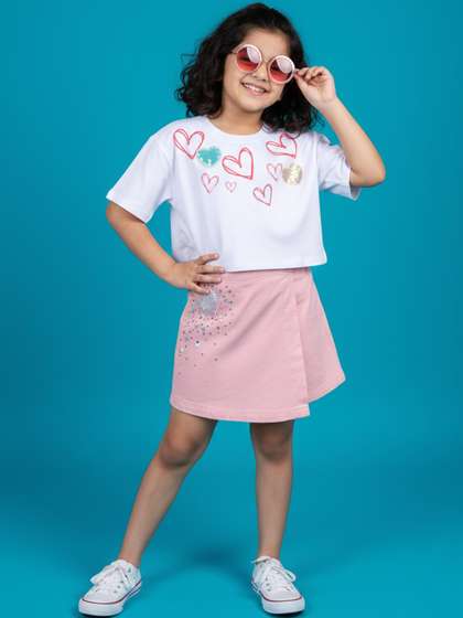 KiddoPanti Girls
                          Printed T-shirt with Skirt