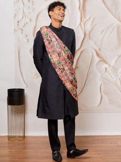 VASTRAMAY
                        Embroidered Mandarin Collar Sherwani Set With
                        Dupatta
