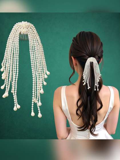 MAJESTIQUE White Pearls
                    Hair Comb Clip with Beaded Tassels