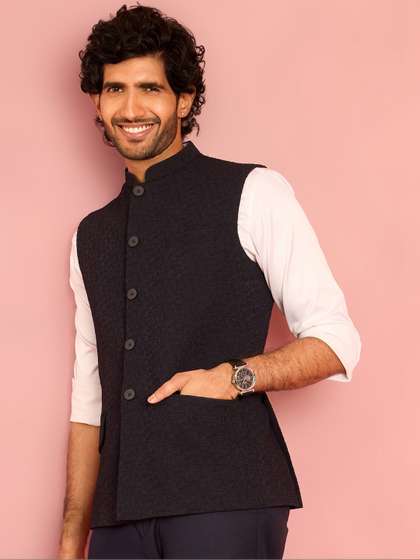 VASTRAMAY
                        Embroidered Mandarian Collar Neck Woven Nehru
                        Jackets