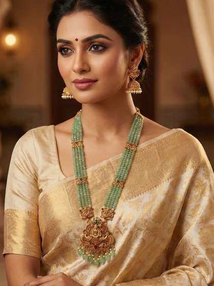 House of Pataudi
                      Gold-Plated Temple Stone Studded & Beaded
                      Necklace and Earrings