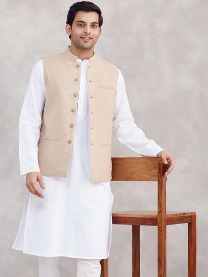 Fabindia Striped
                          Mandarian Collar Neck Woven Nehru Jacket