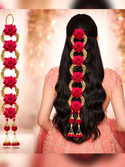 MAJESTIQUE Magenta &
                    Golden Rose Flower with Golden Beads & Tassels
                    Hair Parandi