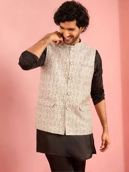 VASTRAMAY
                          Embroidered Mandarian Collar Neck Woven Nehru
                          Jackets
