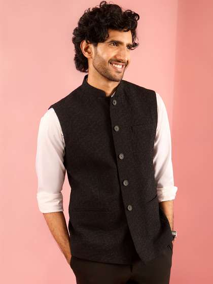 VASTRAMAY Woven
                        Design Mandarian Collar Neck Woven Nehru
                        Jackets