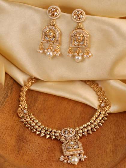 Biba Gold-Plated
                        Stone Studded & Beaded Necklace and
                        Earrings