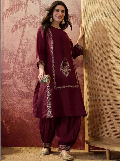 Sangria Embroidered
                        Round-Neck Kurta & Harem Pants