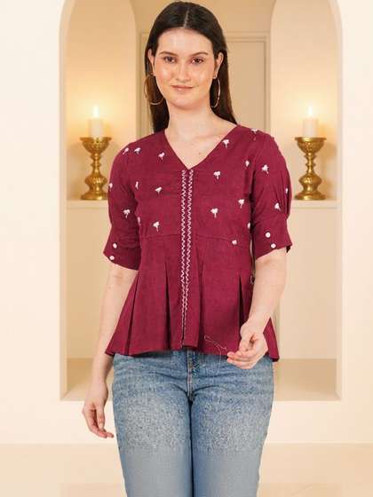 Missethic Floral
                          Embroidered V-Neck Pure Cotton Blend Thread
                          Work Top