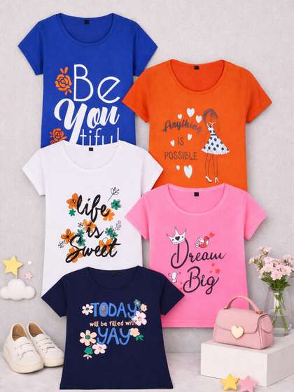 FAZZA Girls Pack Of 5
                    Printed Cotton Casual T-shirts
