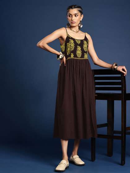 Taavi Floral Printed
                        Shoulder Straps Pure Cotton A-Line Bagh Ethnic
                        Dress