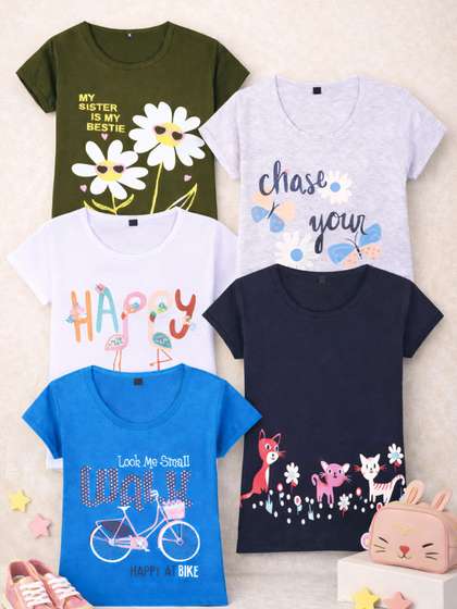 FAZZA Girls Pack Of 5
                      Printed Cotton Casual T-shirts