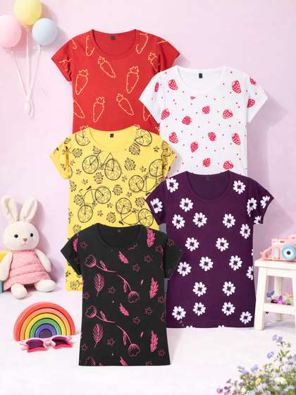 FAZZA Girls Pack Of 5
                    Printed Cotton Casual T-shirts