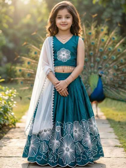 KALINI Girls Embroidered
                    Thread Work Ready to Wear Lehenga & Blouse With
                    Dupatta