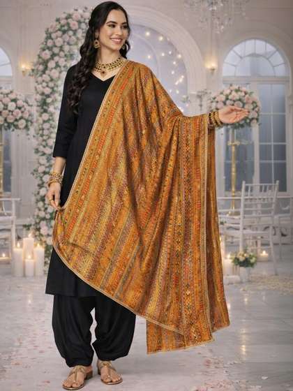 HERE&NOW Ethnic
                        Motifs Woven Design Kalamkari Dupatta with Gotta
                        Patti