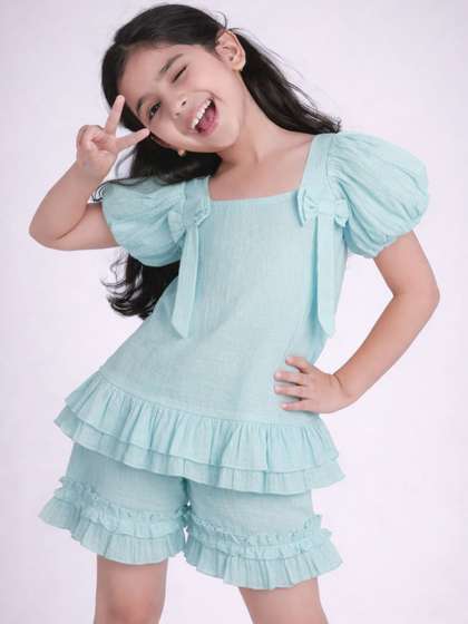 Purple United Kids
                        Girls Light Blue Cotton Puff Sleeve Top Daily
                        Comfort Shorts Co ord Set