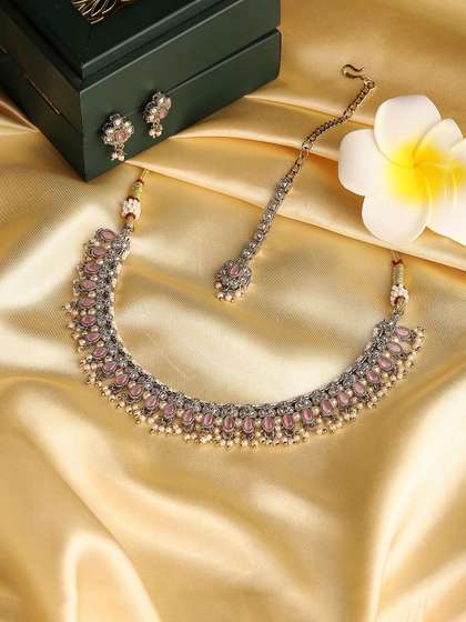 Biba Gold-Plated
                        Stone Studded & Beaded Necklace and
                        Earrings