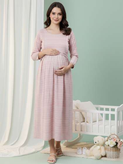 DUMMY SHAPE Striped
                        Embroidered Fit & Flare Midi Pure Cotton
                        Maternity Feeding Dress