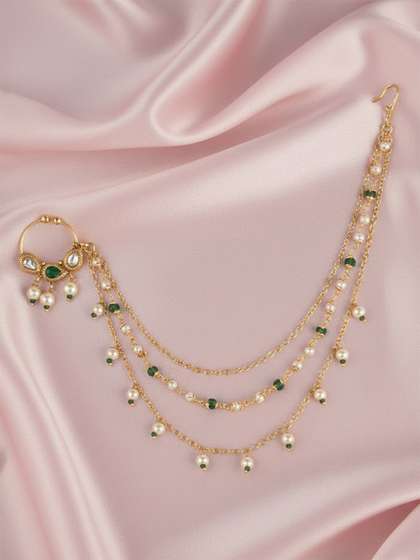 Adwitiya
                          Collection Gold-Plated Green Stone-Studded
                          & Beaded Chained Nose Ring