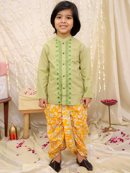 KALINI Boys Ethnic
                    Motifs Embroidered Regular Thread Work Pure Cotton
                    Kurta with Dhoti Pants