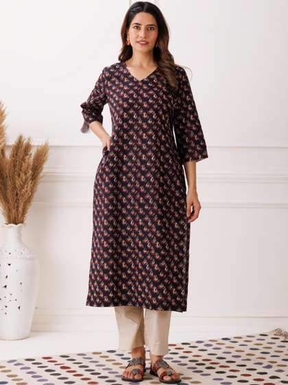 Mayurie Ethnic
                        Motifs Printed V-Neck Pure Cotton Kurti