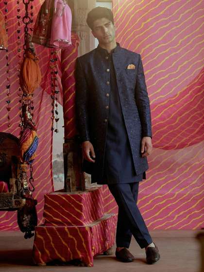 KISAH Men
                        Self-Design Khari Print Kurta With Indowestern
                        Sherwani & Trouser