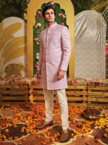 KISAH Men Self
                        Design Mandarin Collar Indowestern Sherwani Set