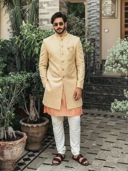 KISAH Self Design
                        Mandarin Collar Indowestern Sherwani Set