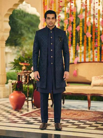KISAH Men Jacquard
                        Regular Fit Ethnic Motifs Jacket Sherwani
                        Trouser Set