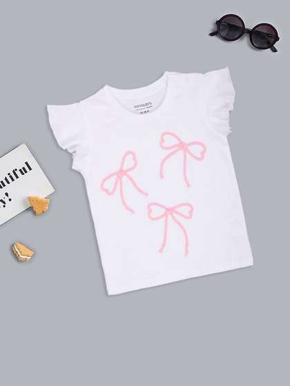 Pantaloons Baby Girls
                    Floral Applique Puff Sleeves Pure Cotton T-shirt
