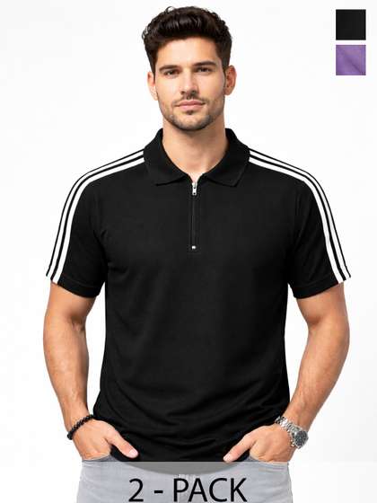 Organic Chics Men Striped Dri-FIT Polo Collar Slim Fit T-shirt